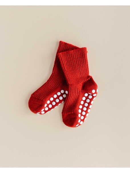 Hirsch Natur Wollen sokken met anti-slip stippen - rood