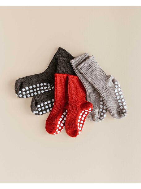 Hirsch Natur Wollen sokken met anti-slip stippen - rood