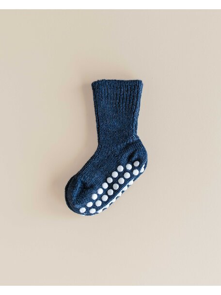Hirsch Natur Wollen sokken met anti-slip stippen - jeans blauw