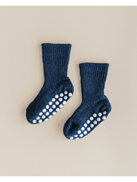 Hirsch Natur Wollen sokken met anti-slip stippen - jeans blauw