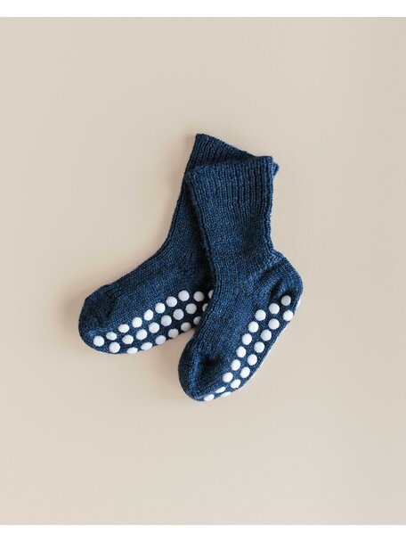 Hirsch Natur Wollen sokken met anti-slip stippen - jeans blauw
