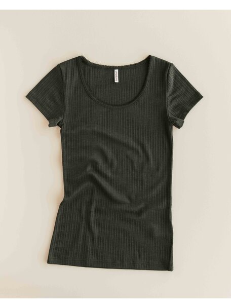 Unaduna Dameshemd short sleeves rib wol/zijde - wakame