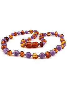 Amber Barnsteen baby ketting met edelstenen 32cm - amethist/cognac