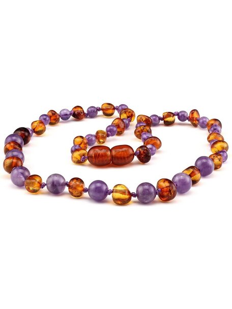 Amber Dames barnsteenketting met edelstenen 45cm - amethist/cognac