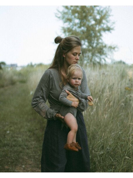 Unaduna Overslag blouse ajour streepje wol/zijde - hazel