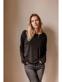 Unaduna Mari relaxed-fit longsleeve van wol/zijde pointelle - ebony
