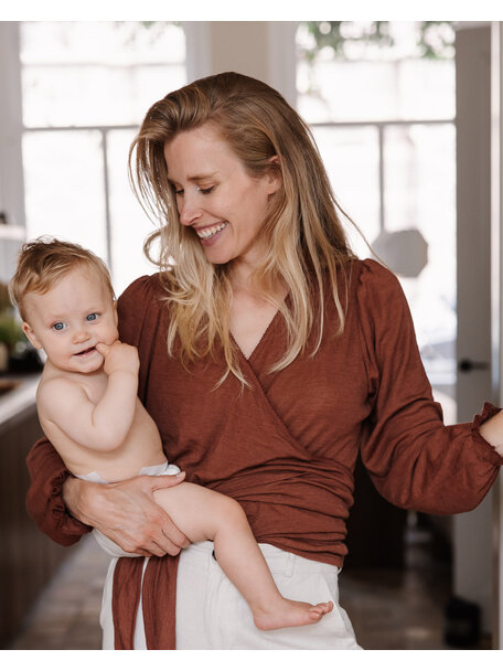 Unaduna Overslag blouse pointelle wol/zijde - henna dune