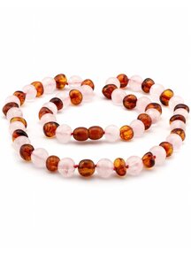 Amber Dames barnsteenketting met edelstenen 43cm - rozenkwarts/cognac
