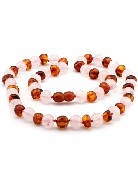 Amber Dames barnsteenketting met edelstenen 43cm - rozenkwarts/cognac