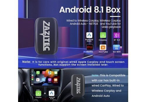 Zazitec ZT-C2C01 Dongle Wireless Smart Apple Carplay AI box - Youtube - Netflix 