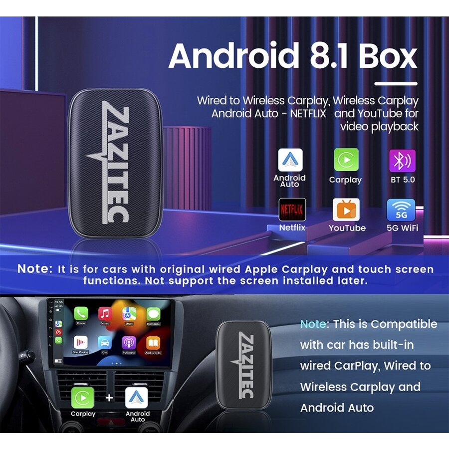 Zazitec ZT-C2C01 Wireless Smart Apple CarPlay AI Box dongle met Android systeem, YouTube, Netflix, draadloze CarPlay en Android Auto ondersteuning-1