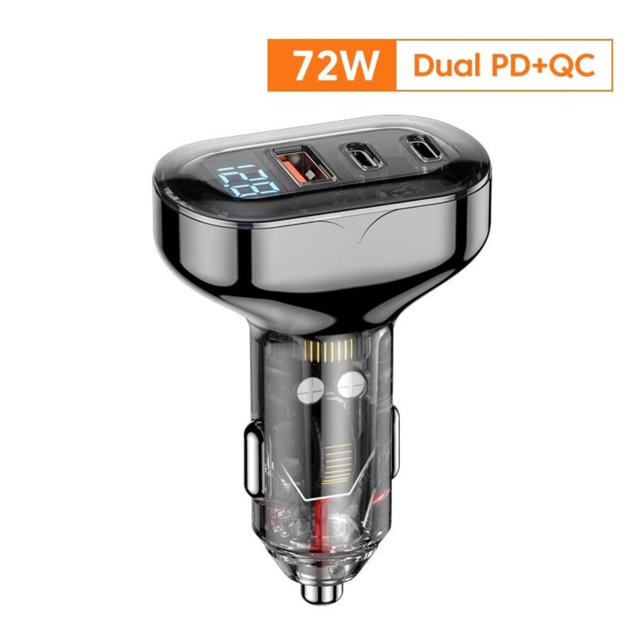 Zazitec ZT-PD72C  Autolader 72W 2X USB-C Power Delivery 1X USB-A Quick Charge 3.0 - Snellader met LED display - Sigaretten Aansteker - 12/24V-6