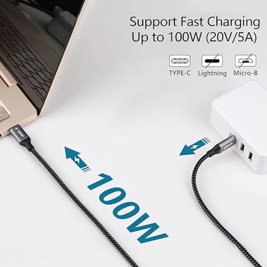USB-C naar USB-C 100W Power Delivery kabel 2 meter E-Marker snellaad kabel geschikt voor laptop, tablet en smartphone USB-C data en oplaadkabel-2