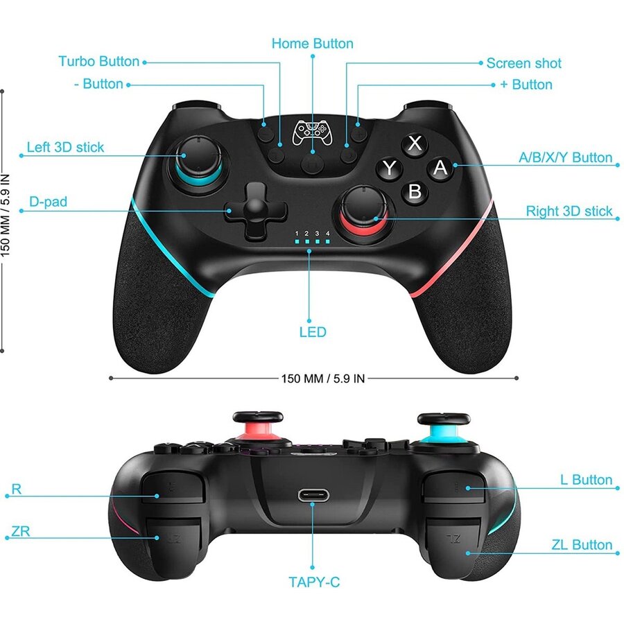 Draadloze Pro Controller geschikt voor Switch, Bluetooth Gamepad Remote Joypad Joystick met Turbo Dual Shock Gyro as (zwart)-3