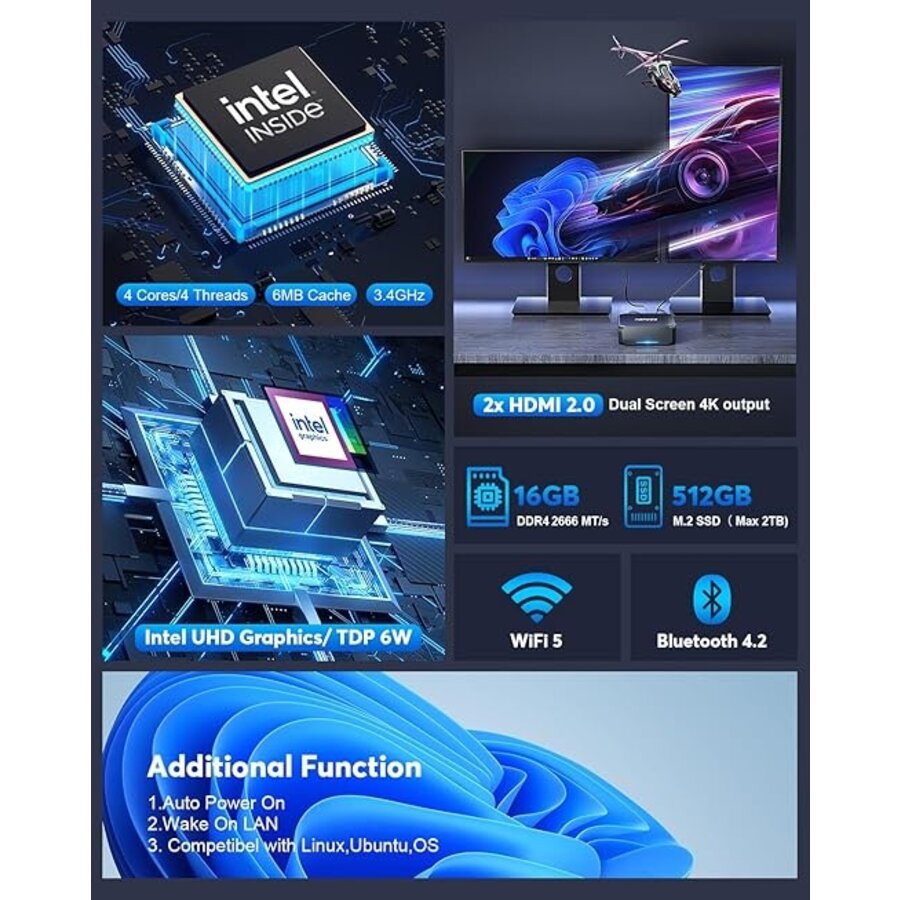 NiPoGi Mini PC 16GB RAM, 12th Gen Intel Alder Lake-N100 (tot 3.4GHz), 512GB SSD, Windows 11 Pro, Dual Display (2x HDMI), WiFi 5, BT 4.2, Gigabit Ethernet-3