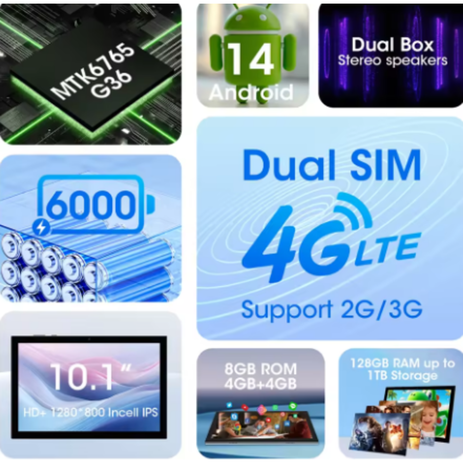 CWOWDEFU P25L - Android 14 - 10.1 Inch - 4G SIM - 8-Core CPU - 8GB RAM - 128GB Opslag - Zwart-6
