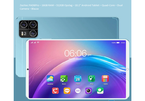 Zazitec PAD6Pro – 16GB RAM – 512GB Opslag – 10.1" Android Tablet – Quad-Core – Dual Camera – Blauw 