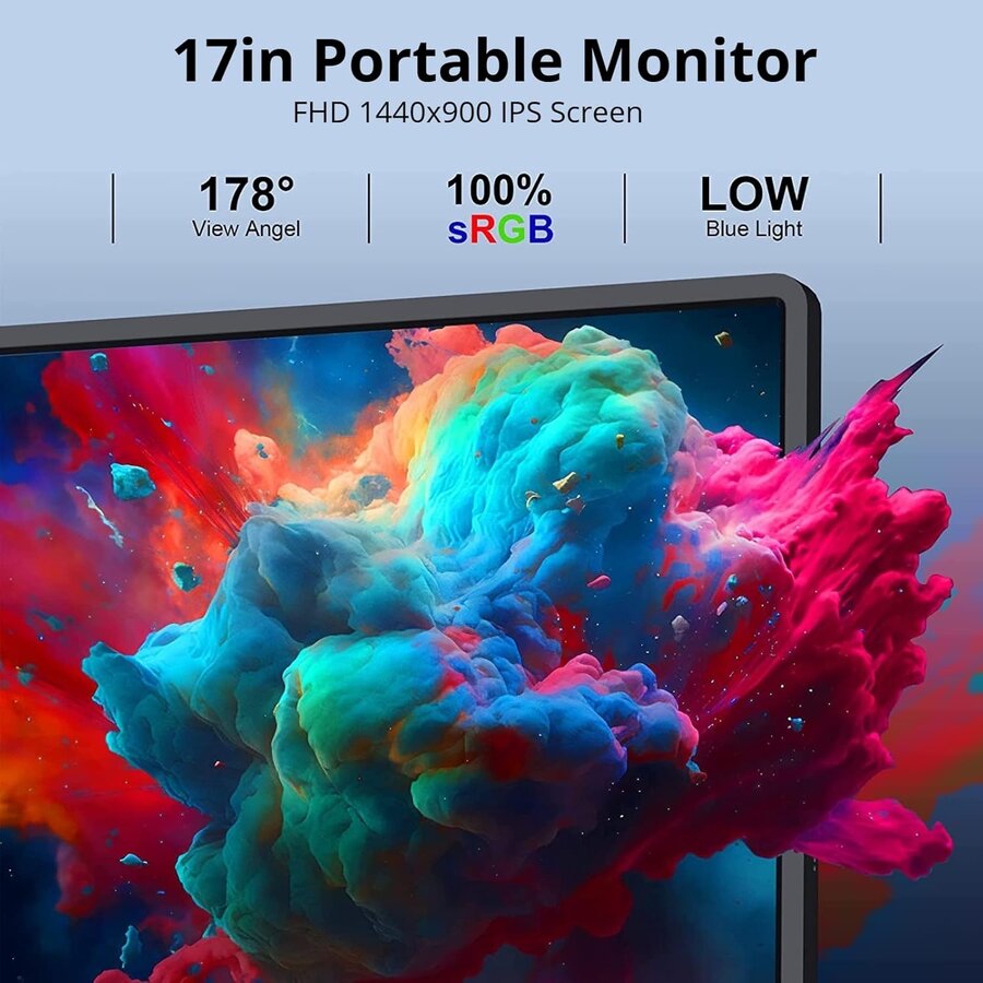 Zazitec 17" Draagbare Monitor – HD 1440×900 – 60Hz – USB-C & HDMI – Extern Scherm voor Laptop, PC, Telefoon & Gaming-3