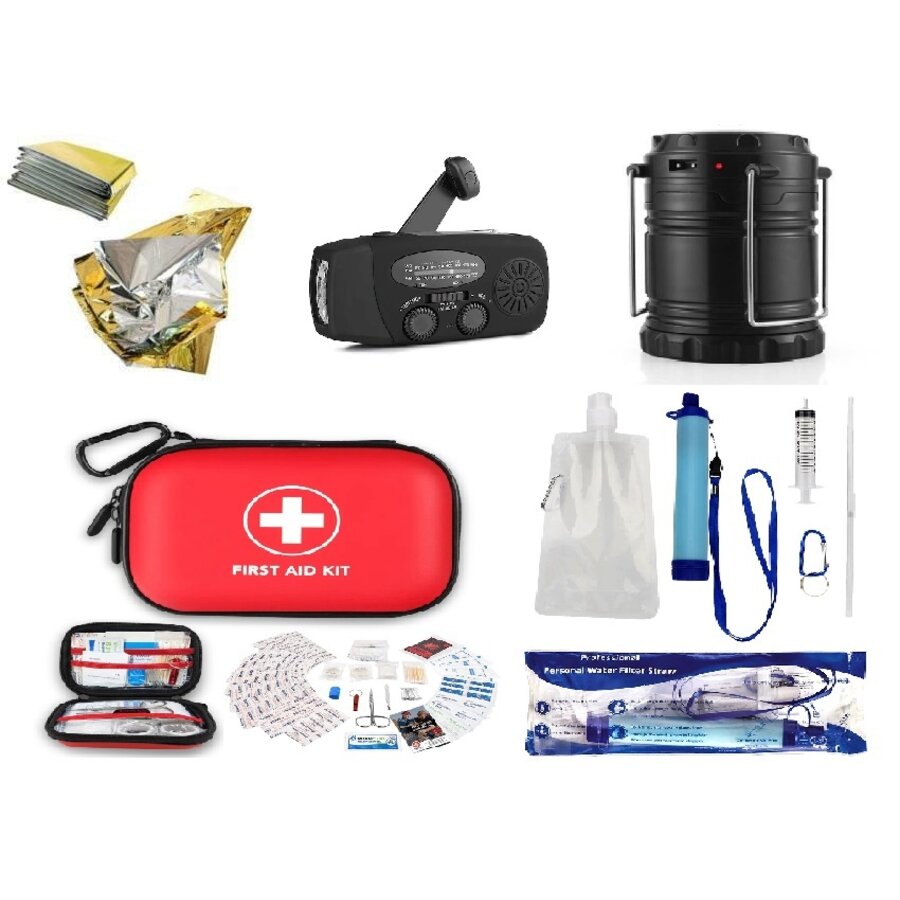 Zazitec Complete Noodset – Camping Lantaarn, Waterfilter, EHBO Kit, Thermodeken, Solar Crank Radio & 13.000mAh Powerbank – Voor Noodgevallen & Outdoor-1