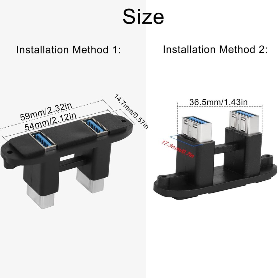 Zazitec Dual USB 3.0 Paneel Connector - 2 Poorts USB 3.0 (v) naar USB 3.0 (v) - Panel Mount Coupler - Extender voor Bureau, Muur en Panelen - Zwart-6