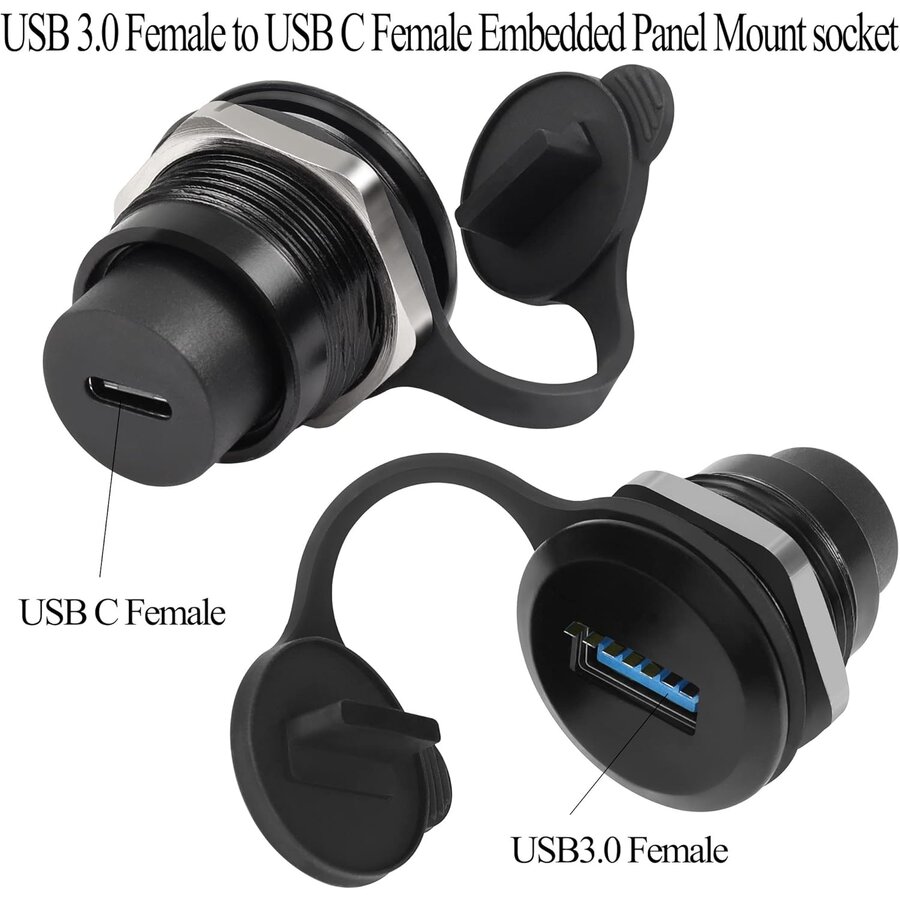 Zazitec USB 3.0 (v) naar USB-C (v) Paneel Connector - Ronde Inbouw Adapter - 5Gbps - Met Waterdichte Stofkap - Zwart-2