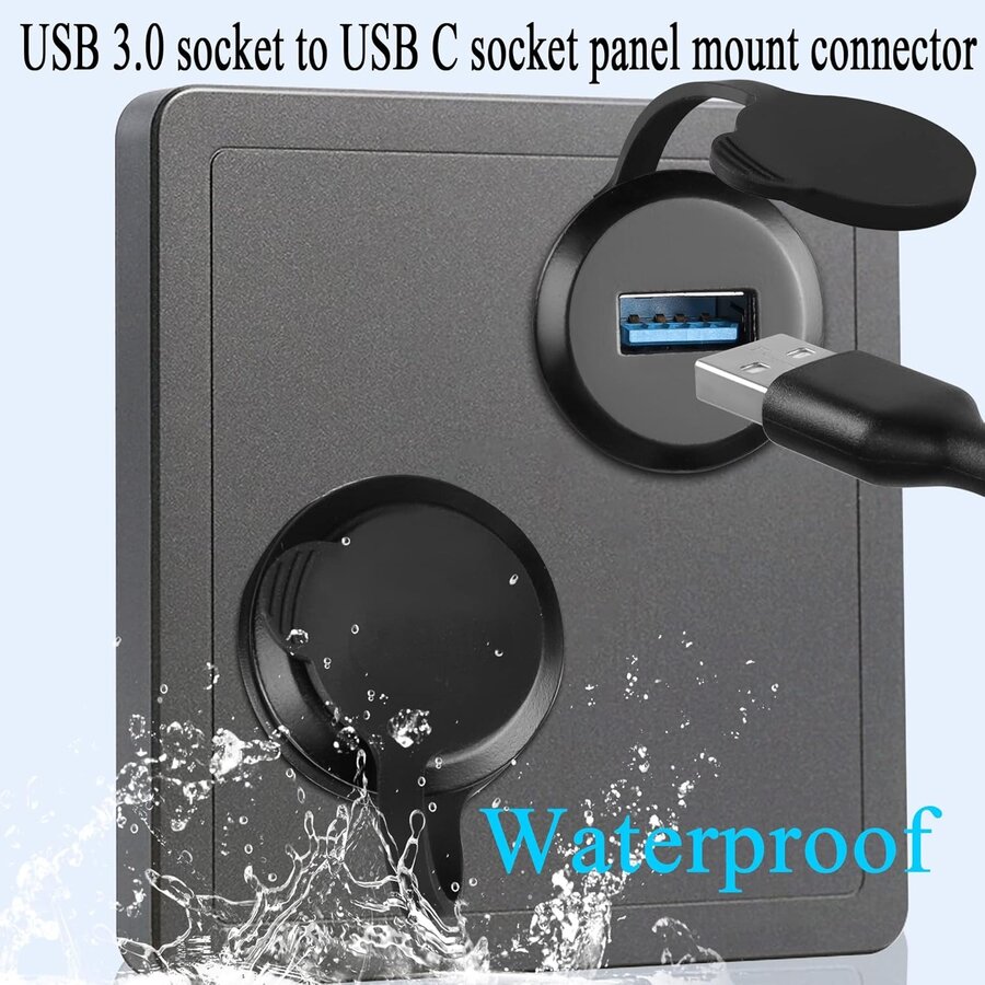 Zazitec USB 3.0 (v) naar USB-C (v) Paneel Connector - Ronde Inbouw Adapter - 5Gbps - Met Waterdichte Stofkap - Zwart-4