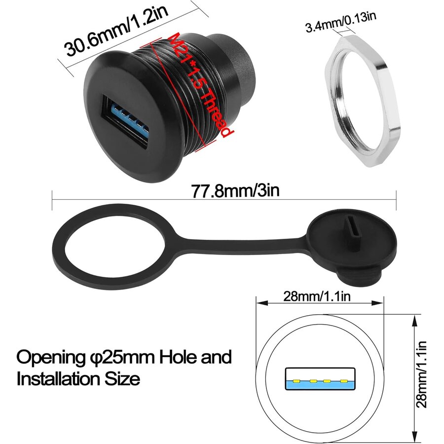 Zazitec USB 3.0 (v) naar USB-C (v) Paneel Connector - Ronde Inbouw Adapter - 5Gbps - Met Waterdichte Stofkap - Zwart-6
