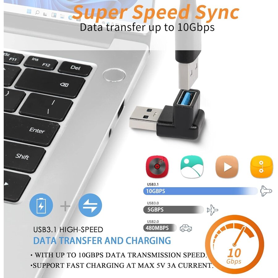 Zazitec USB 3.1 Adapter - 90 Graden - Rechtshoekig - USB-A Male naar USB-A Female - 10Gbps - Ruimtebesparend - Set van 2 - Zwart-2
