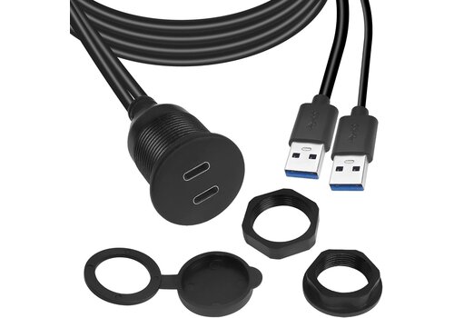 Dual USB-C naar USB 3.0 Flush Mount Kabel – Waterdichte Inbouw Adapter met Schroefdraad 