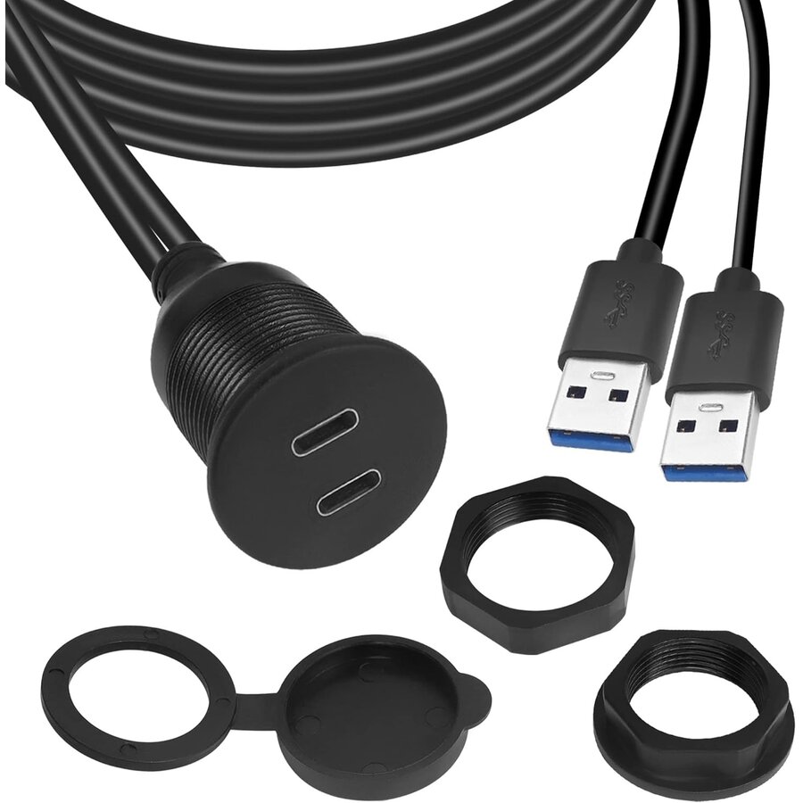 Dual USB-C naar USB 3.0 Flush Mount Kabel – Waterdichte Inbouw Adapter met Schroefdraad-1
