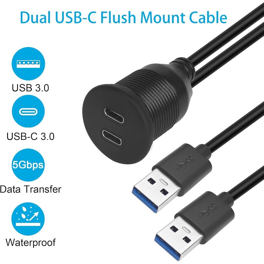 Dual USB-C naar USB 3.0 Flush Mount Kabel – Waterdichte Inbouw Adapter met Schroefdraad-2