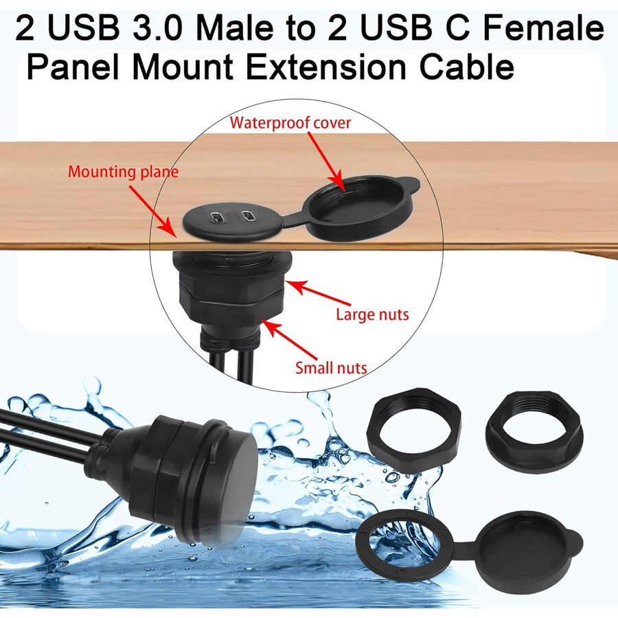 Dual USB-C naar USB 3.0 Flush Mount Kabel – Waterdichte Inbouw Adapter met Schroefdraad-5