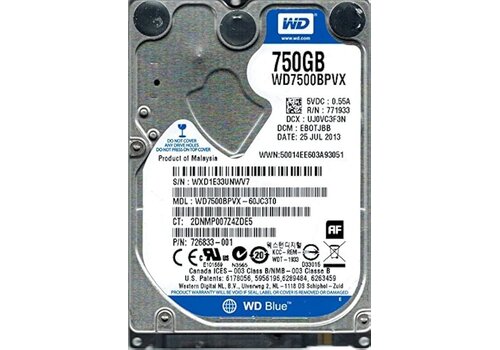 Western Digital 750GB 2.5" interne harde schijf – SATA (3Gb/s/6Gb/s), 5400 RPM (7200 RPM variant mogelijk) 