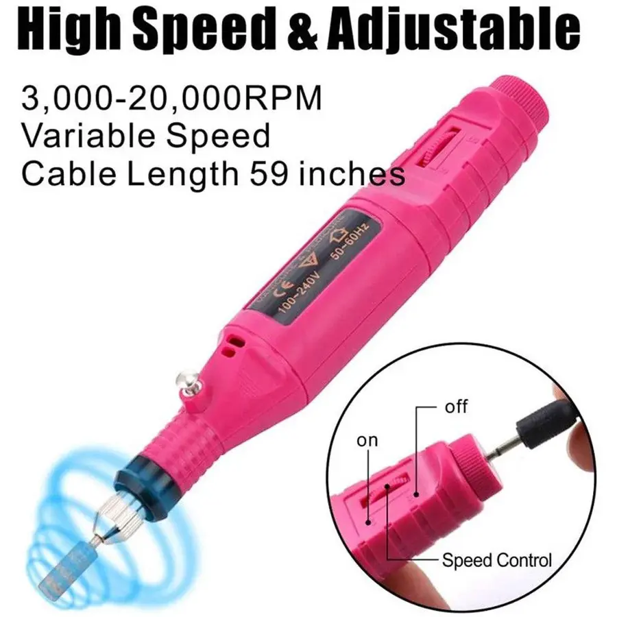 ZAZITEC Elektrische Nagelfrees / Detail Carver – Variabele Snelheid (3.000–20.000 RPM) voor Carving, Engraving, Routing, Grinding, Sharpening, Sanding, Polishing en Drilling - Roze-6