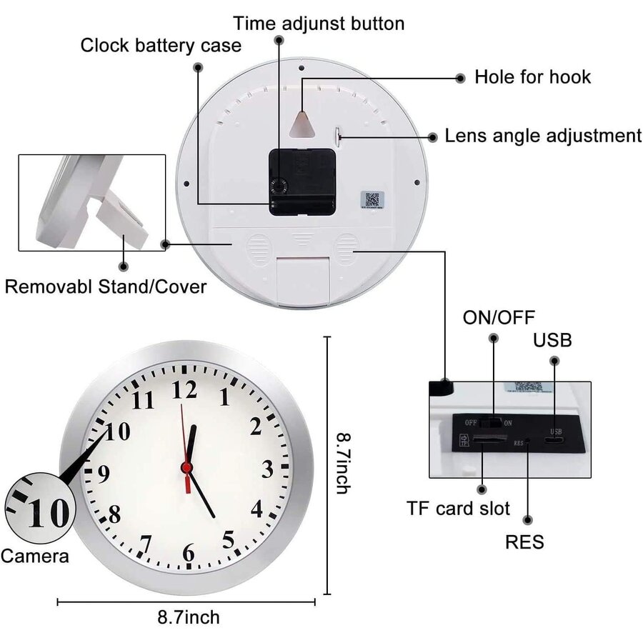 Zazitec Verborgen Spy Camera Wandklok – 1080P HD WiFi Beveiligingscamera | Bewegingsdetectie & App-toezicht (Geen Audio)-6