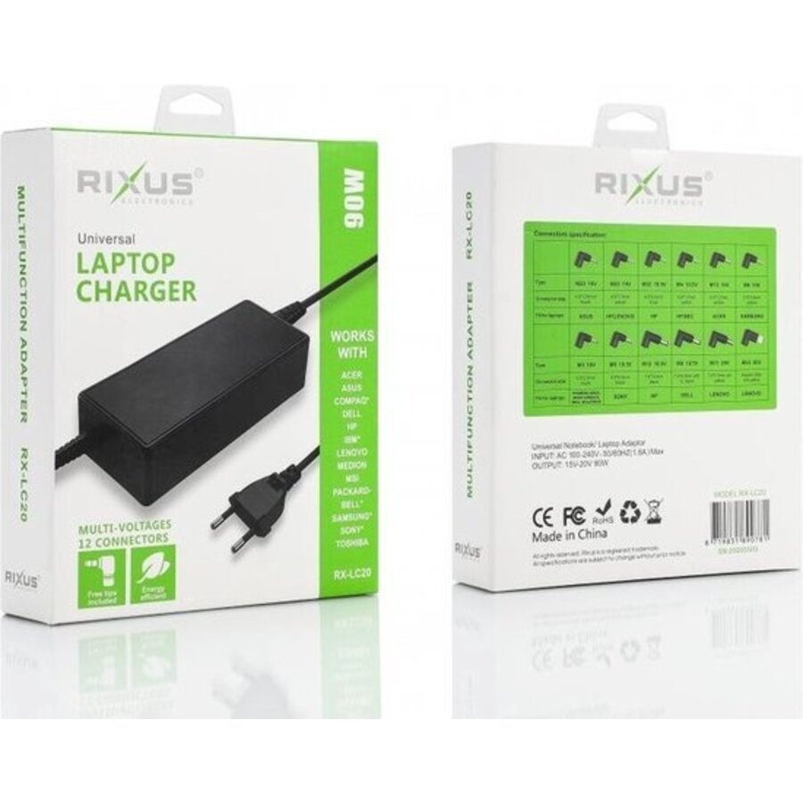 Rixus 90W Universele Laptop Adapter – 12 Connectors | Geschikt voor HP, Dell, Lenovo, Asus, Acer en meer-1