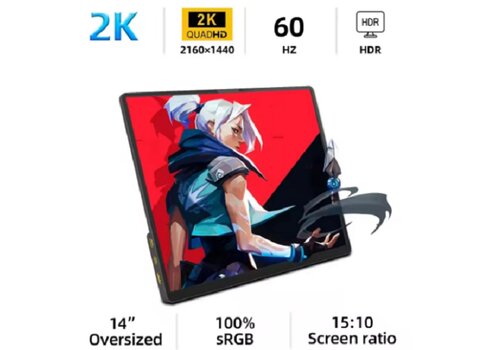 ZSUS 14" 2K Draagbare Monitor – 2160x1440 – 60Hz – IPS Display | HDMI & USB-C – Voor Laptop, Gaming & Smartphone 