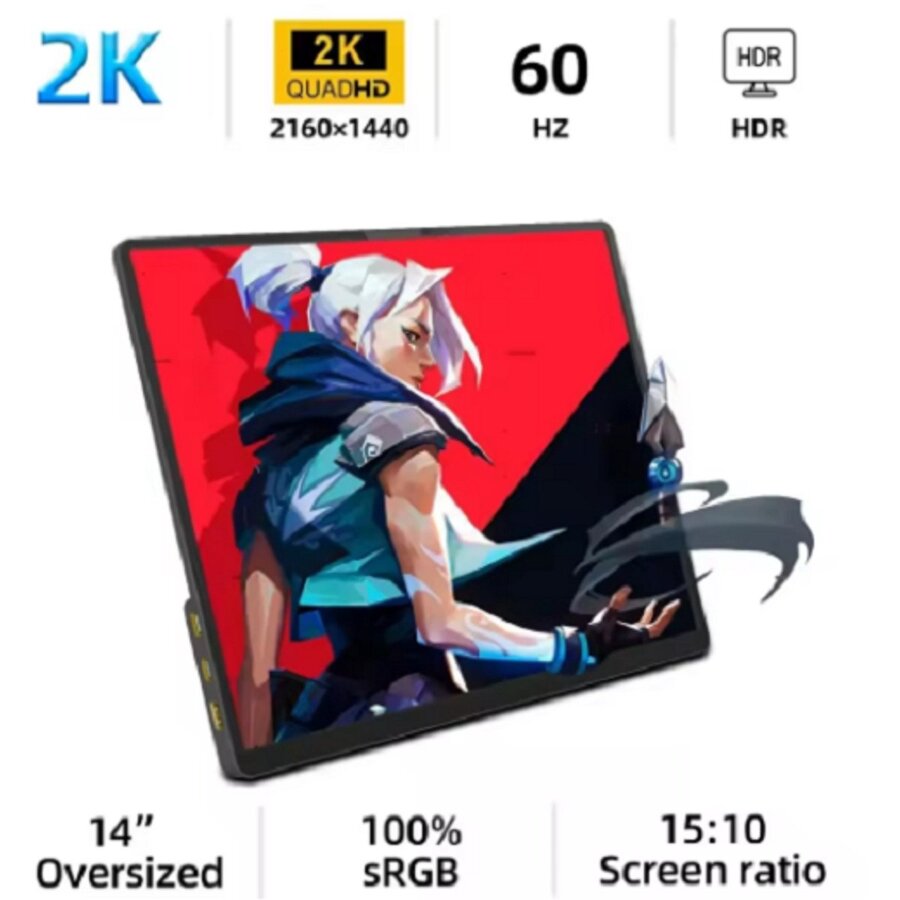 ZSUS 14" 2K Draagbare Monitor – 2160x1440 – 60Hz – IPS Display | HDMI & USB-C – Voor Laptop, Gaming & Smartphone-1