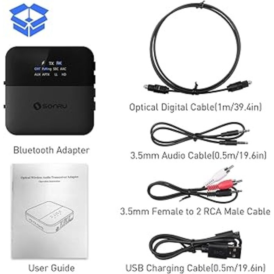 SONRU Bluetooth 5.0 Audio Zender & Ontvanger – SPDIF Optisch & 3.5mm AUX | 2-in-1 Draadloze Adapter – Low Latency-4