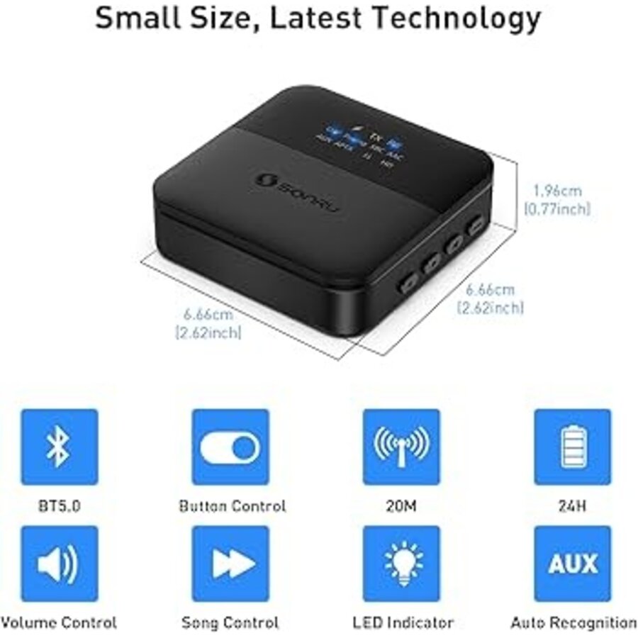 SONRU Bluetooth 5.0 Audio Zender & Ontvanger – SPDIF Optisch & 3.5mm AUX | 2-in-1 Draadloze Adapter – Low Latency-3