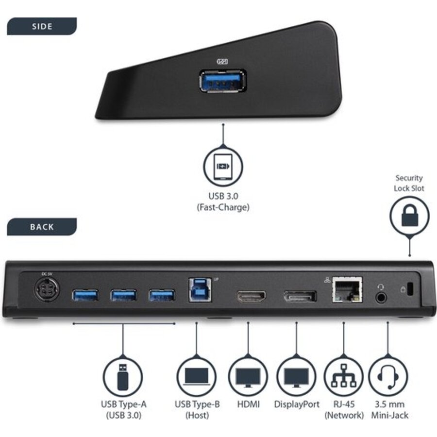 StarTech.com USB 3.0 Laptop Docking Station – 4K DisplayPort & HDMI – Gigabit Ethernet | USB3DOCKHDPC – Verticaal Design-9