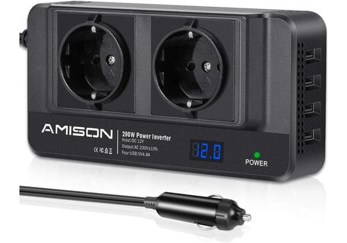 Zazitec 200W Auto-inverter met LCD – 12V DC ingang naar 230V AC – 2x AC stopcontacten + 4 USB-poorten 