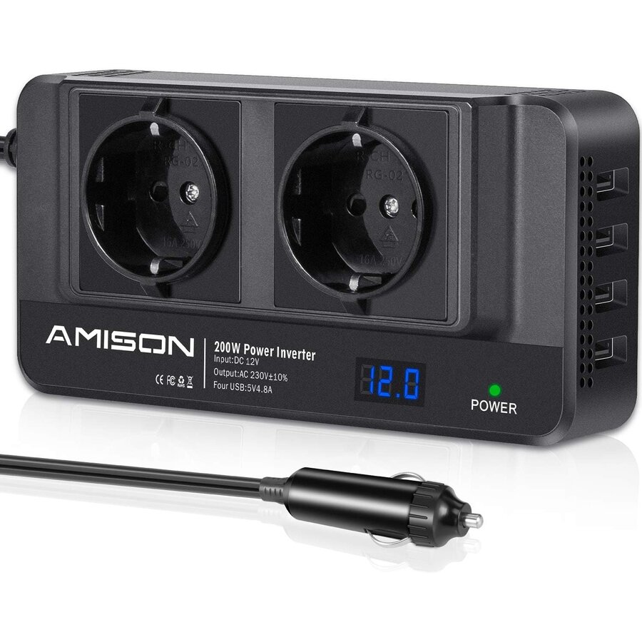 Zazitec 200W Auto-inverter met LCD – 12V DC ingang naar 230V AC – 2x AC stopcontacten + 4 USB-poorten-1