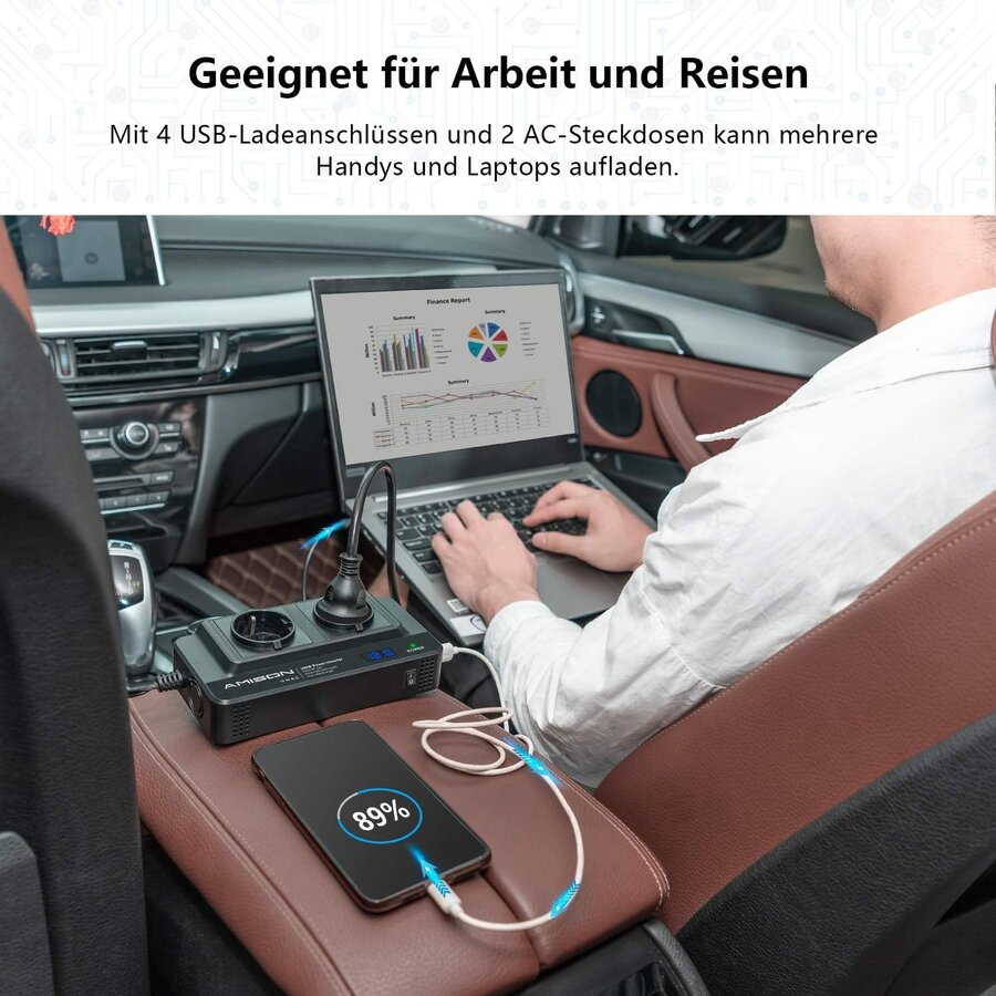 Zazitec 200W Auto-inverter met LCD – 12V DC ingang naar 230V AC – 2x AC stopcontacten + 4 USB-poorten-2