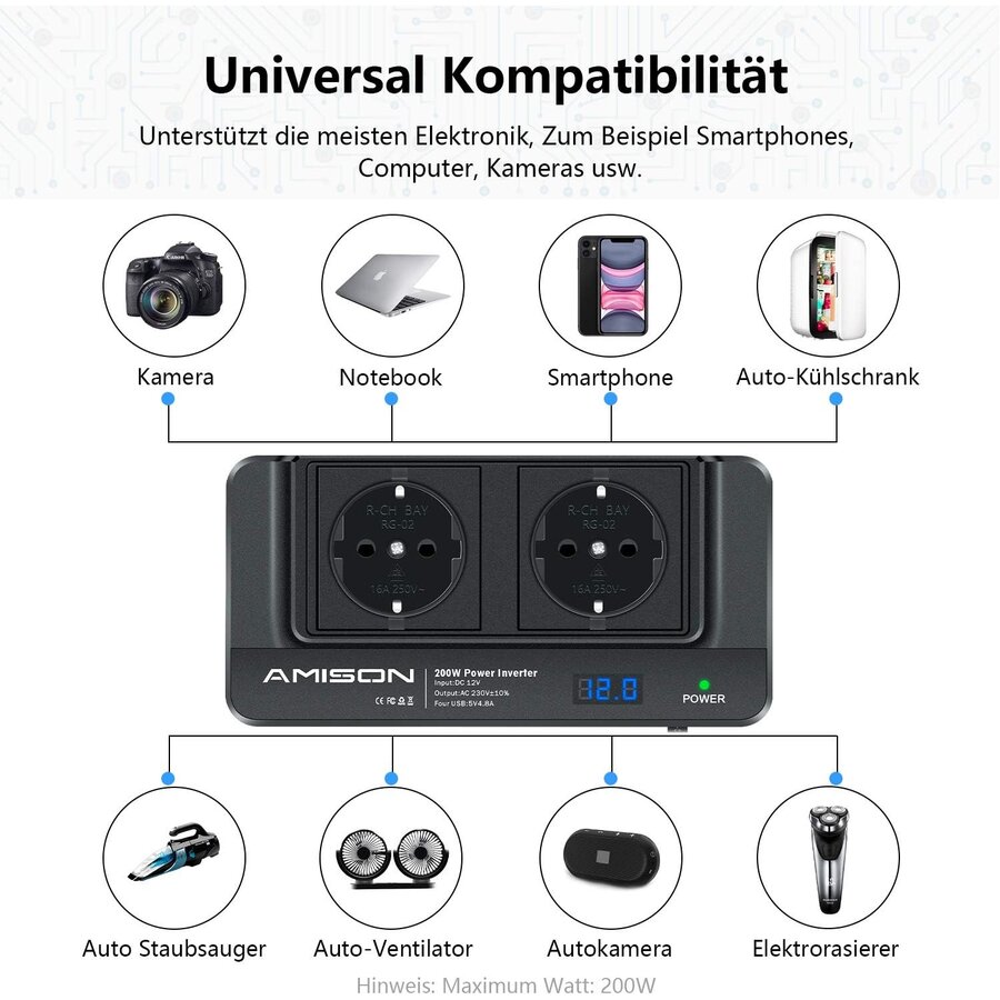 Zazitec 200W Auto-inverter met LCD – 12V DC ingang naar 230V AC – 2x AC stopcontacten + 4 USB-poorten-3