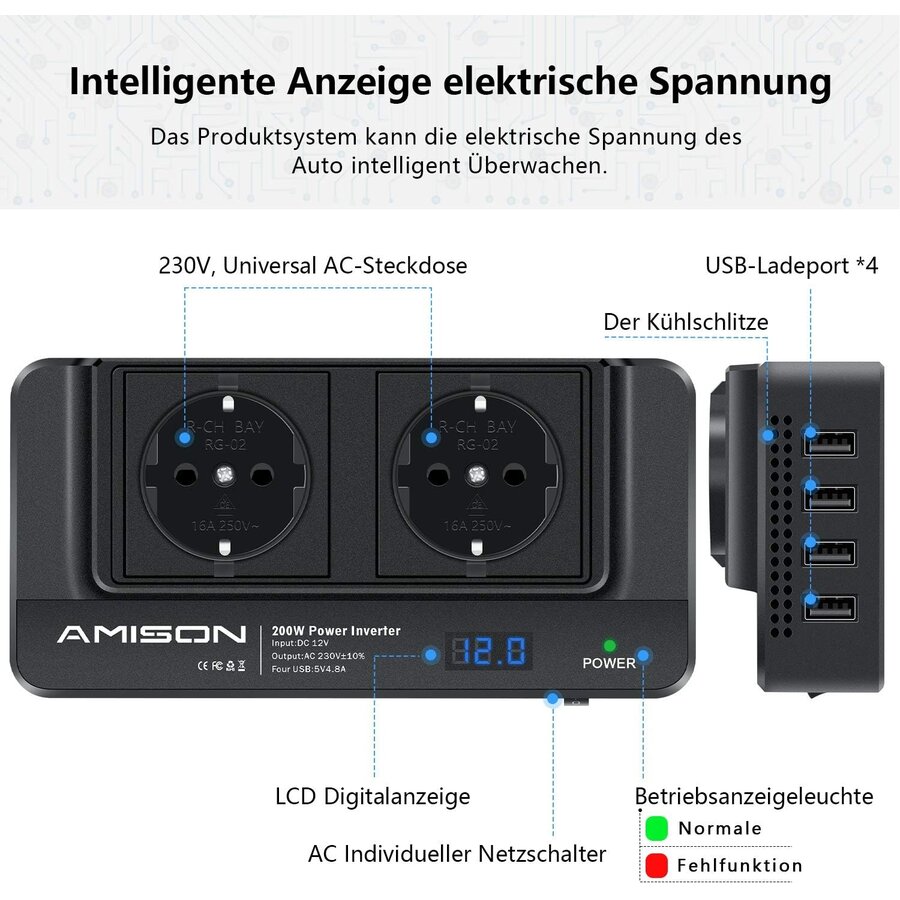 Zazitec 200W Auto-inverter met LCD – 12V DC ingang naar 230V AC – 2x AC stopcontacten + 4 USB-poorten-6