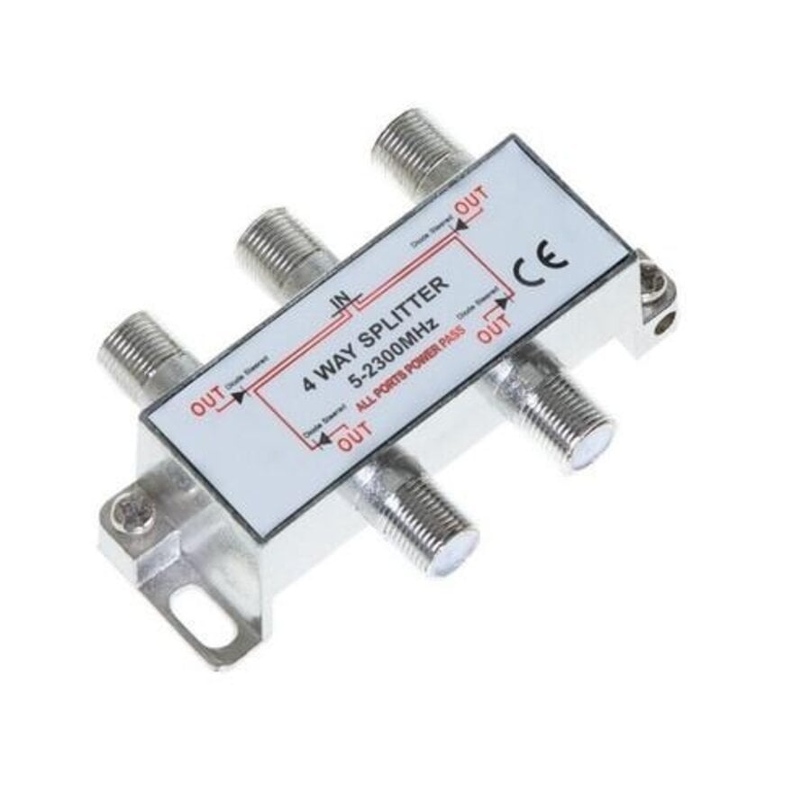 Bandridge 4-Way Satellite Splitter met 1 Ingang en 4 Uitgangen, F-Connector Aansluitingen, 5-2400 MHz Frequentiebereik en Metalen Behuizing voor Satelliet- en Antenne-installaties-1