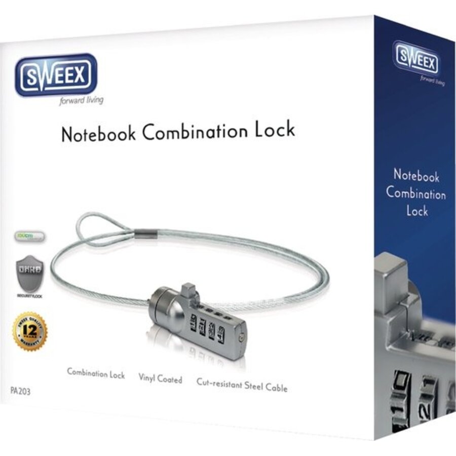 Sweex PA203 Notebook Combination Lock 1.5m Laptop Beveiligingskabel met 4-cijferige Combinatie en Kensington Slot Compatibiliteit voor Notebook, Laptop en Desktop Beveiliging tegen Diefstal-10