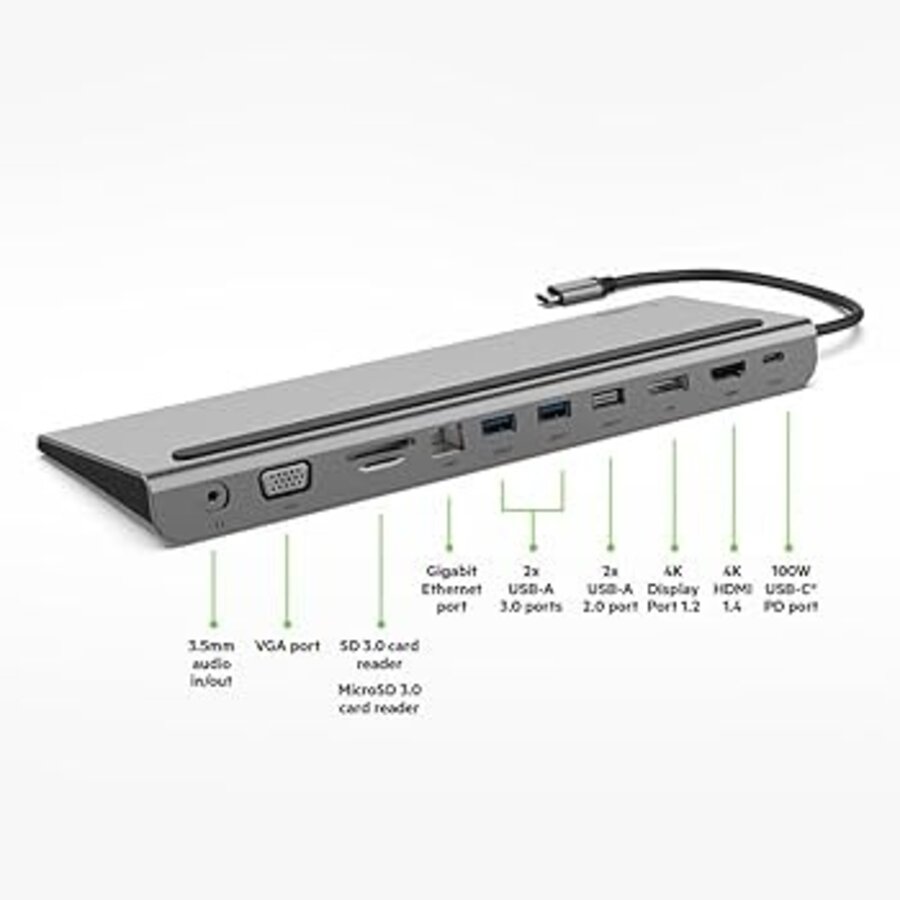 Belkin CONNECT USB-C 11-in-1 Multiport Dock INC004 met HDMI, DisplayPort, VGA, Gigabit Ethernet, SD, microSD, USB-A, USB-C Power Delivery 100W en Audio voor Windows, Mac en Chromebook-3