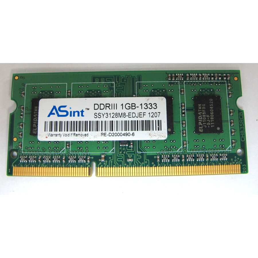 ASint SSY3128M8-EDJEF – 1GB DDR3 SODIMM – 204-Pin – 1333 MHz – PC3-10600S – 1.5V – CL9-1